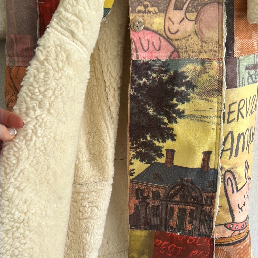 Patchwork Long Coat with Shearling Collar - Picture 4 of 5